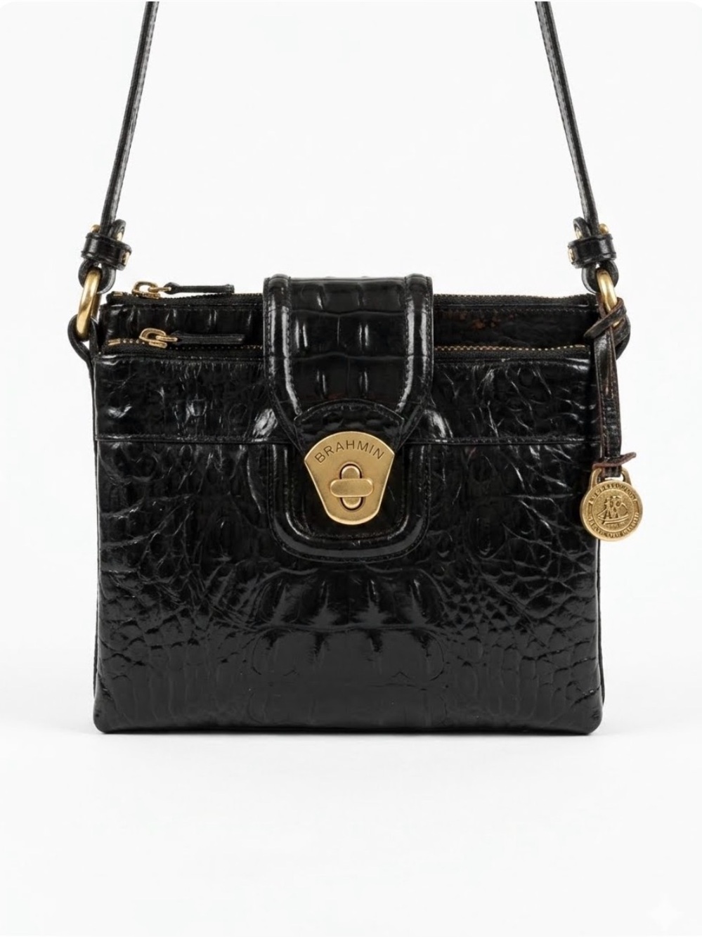 Brahmin Mojito Black Croc-Embossed Leather Crossbody with Gold Hardware